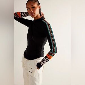 Free People Black Long Sleeve Switch it up Thermal Top Colorful Stripe Small